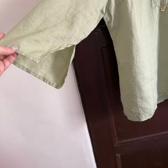 BUTTONS | 90s Vintage Sage Green Sequin V Neck Linen Shirt Tunic | Large - Picture 3 of 8
